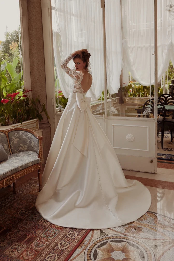 A-Line Gown with Sheer Beaded Bodice and Detachable Bow Wedding Dresses