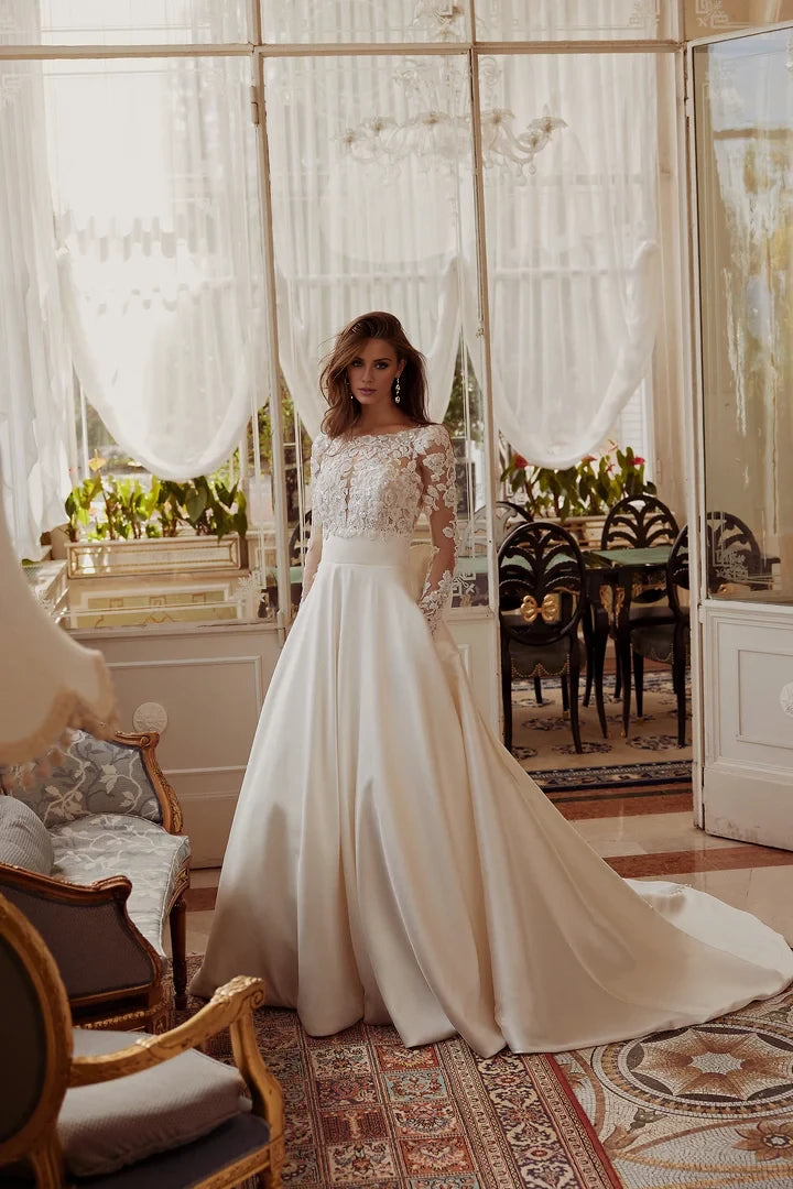 A-Line Gown with Sheer Beaded Bodice and Detachable Bow Wedding Dresses