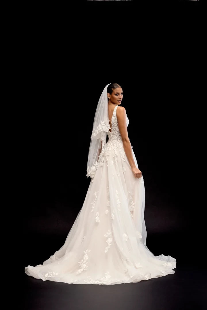 A-Line Lace Gown with Illusion Bodice and 3D Lace Appliqués Wedding Dresses