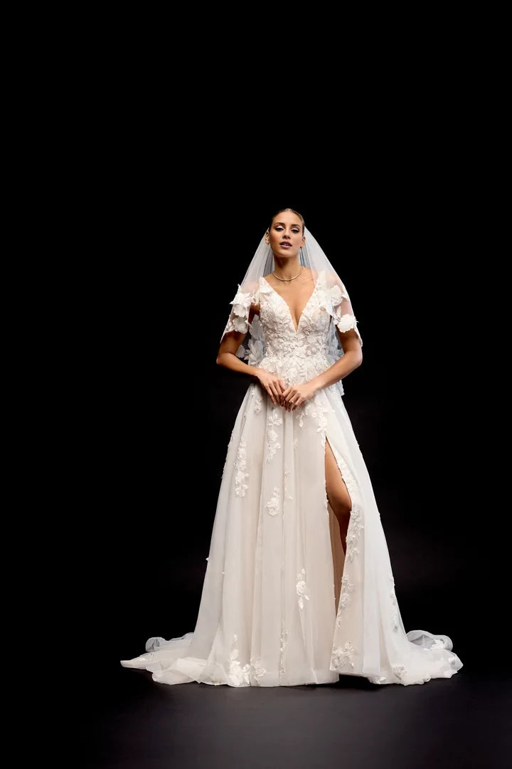 A-Line Lace Gown with Illusion Bodice and 3D Lace Appliqués Wedding Dresses