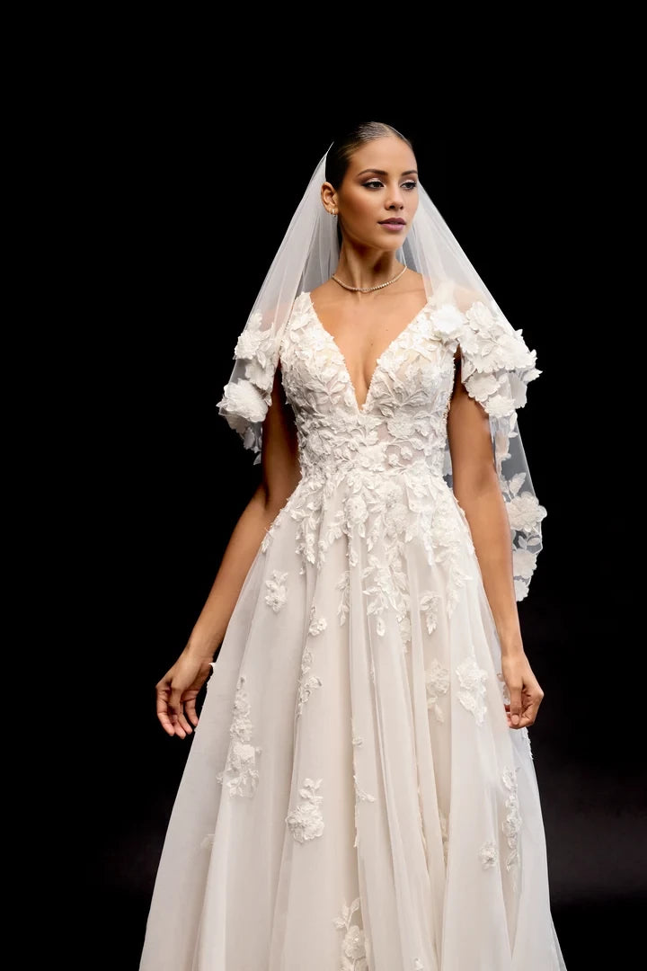 A-Line Lace Gown with Illusion Bodice and 3D Lace Appliqués Wedding Dresses