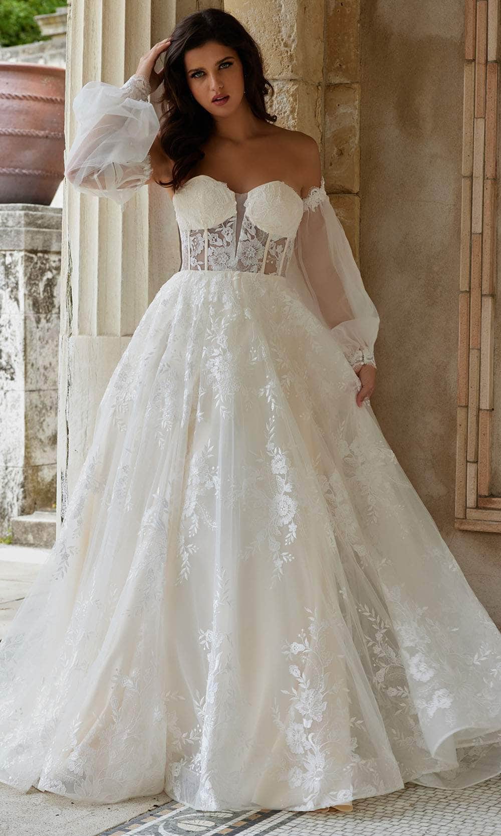 A-Line Off-the-Shoulder Applique Lace Corset Bridal Gown Wedding Dress