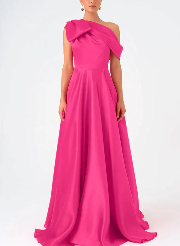 A-Line One-Shoulder Floor Length Sleeveless Prom Dress Satin With Bow