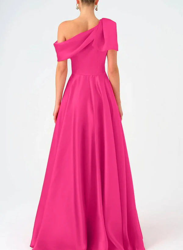 A-Line One-Shoulder Floor Length Sleeveless Prom Dress Satin With Bow