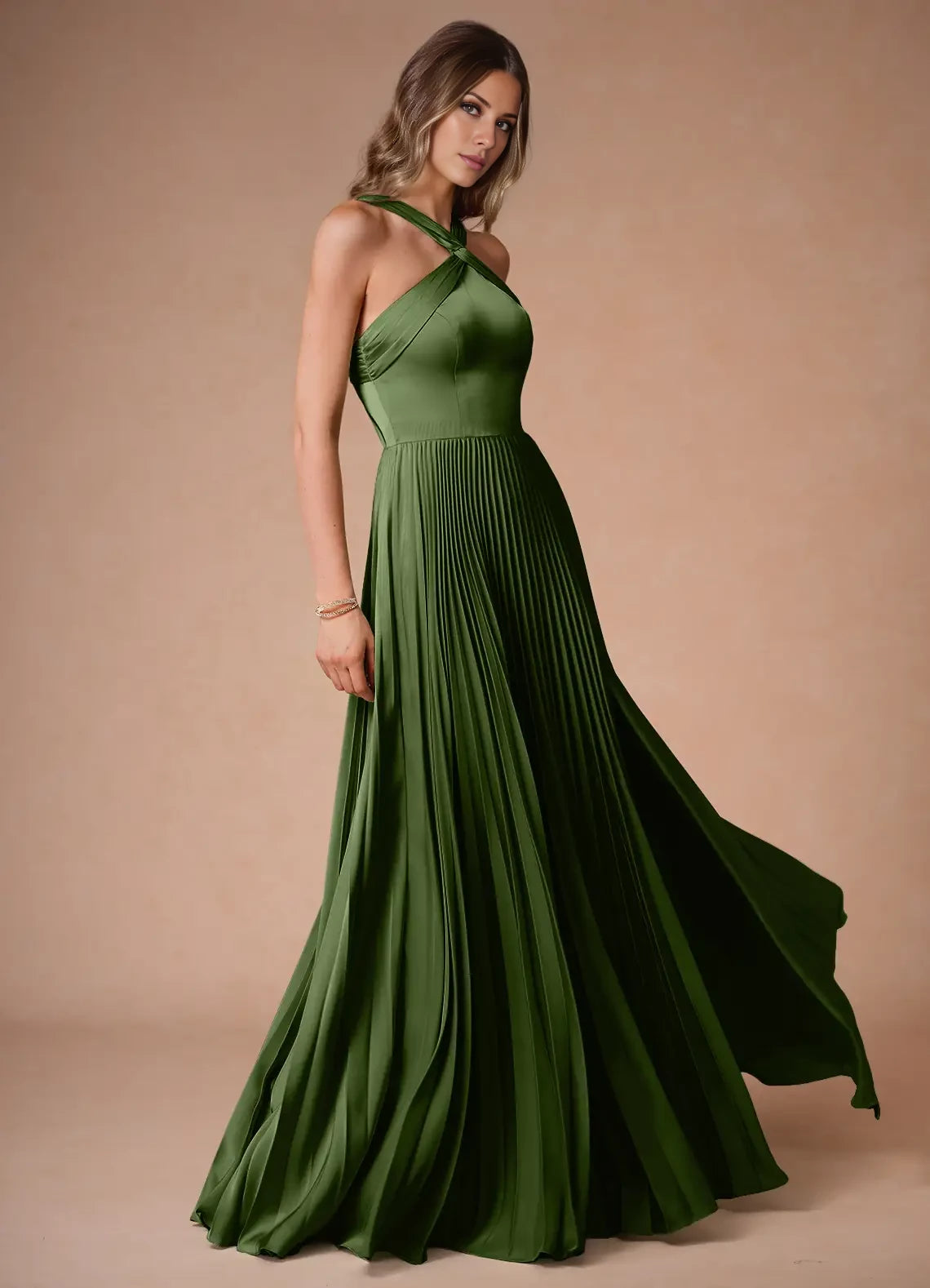 A-Line Pleated Satin Split Fork Dress Evening Dresses