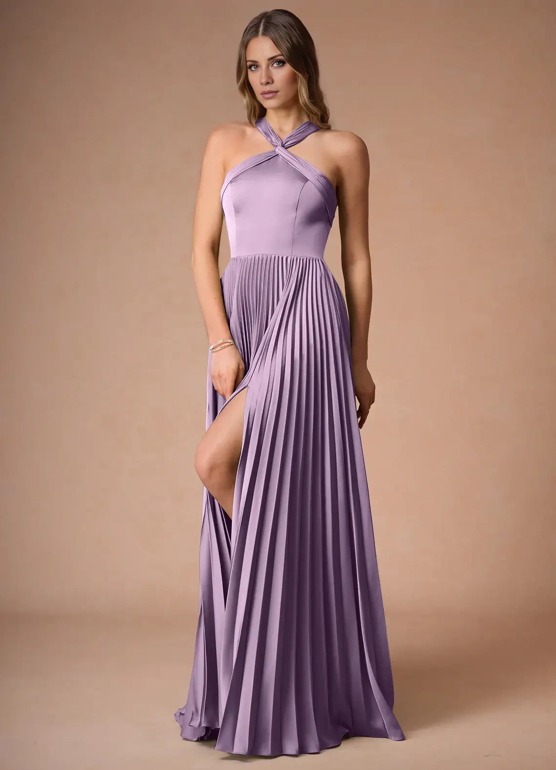 A-Line Pleated Satin Split Fork Dress Evening Dresses