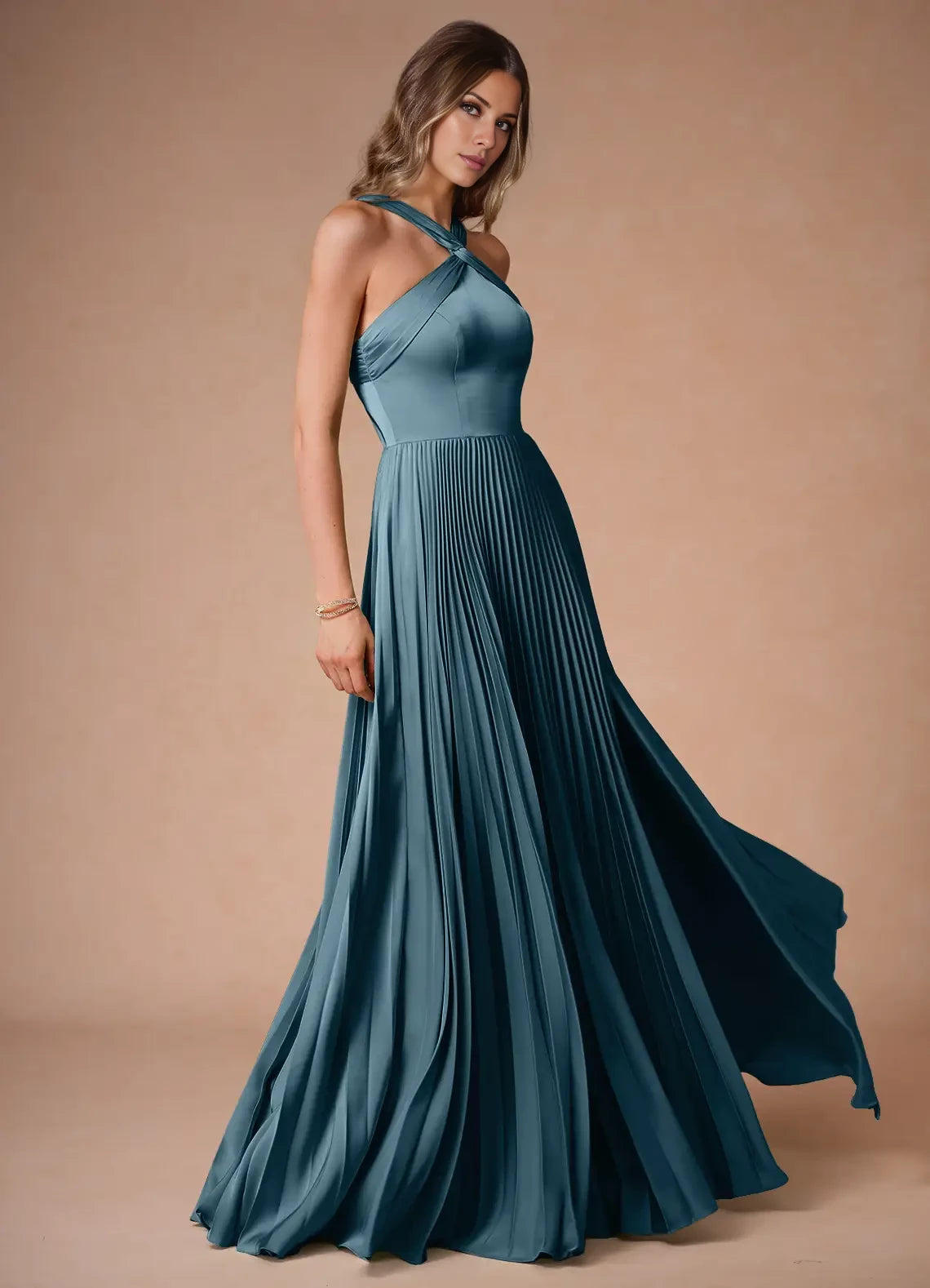 A-Line Pleated Satin Split Fork Dress Evening Dresses