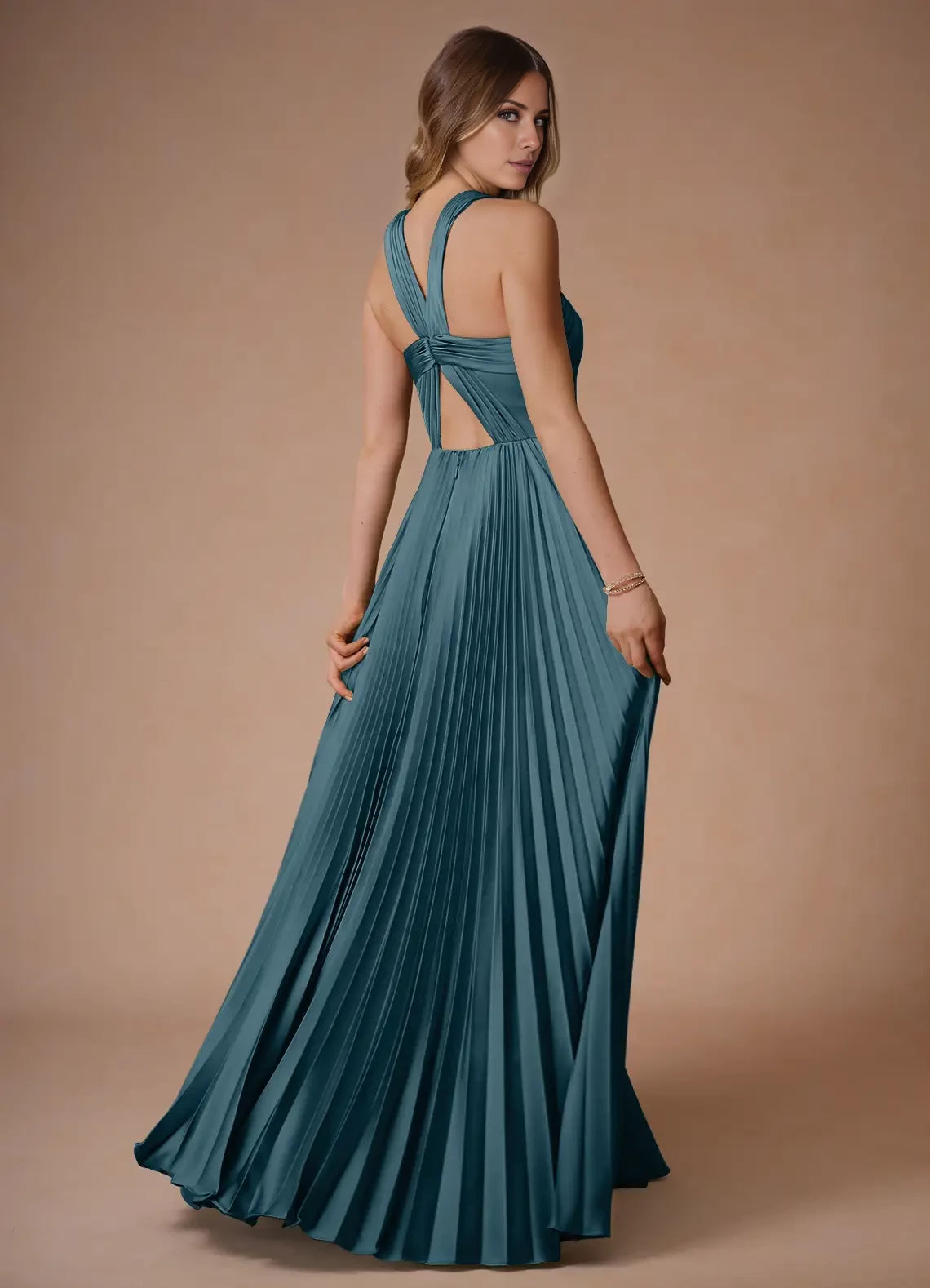 A-Line Pleated Satin Split Fork Dress Evening Dresses