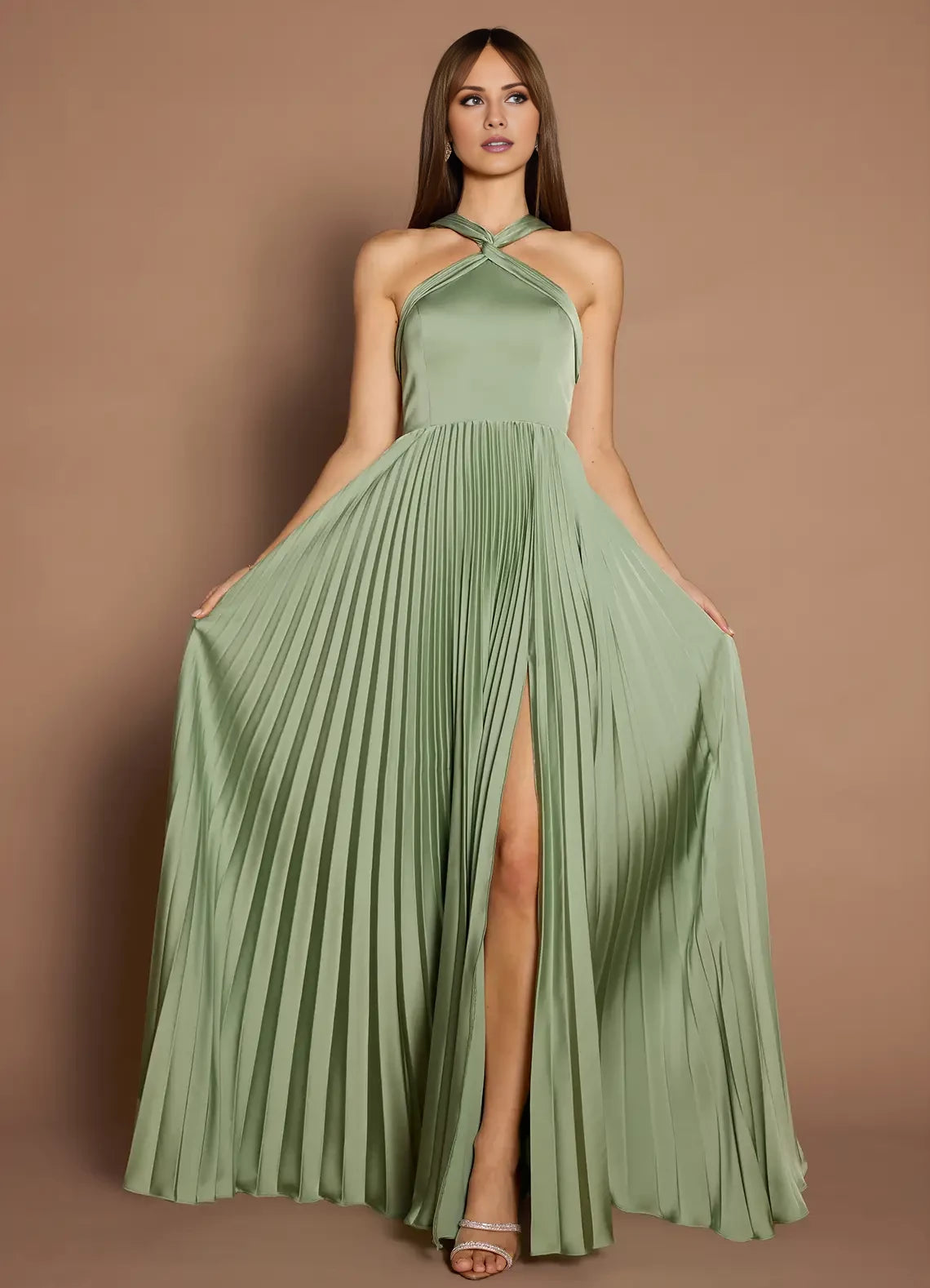 A-Line Pleated Satin Split Fork Dress Evening Dresses