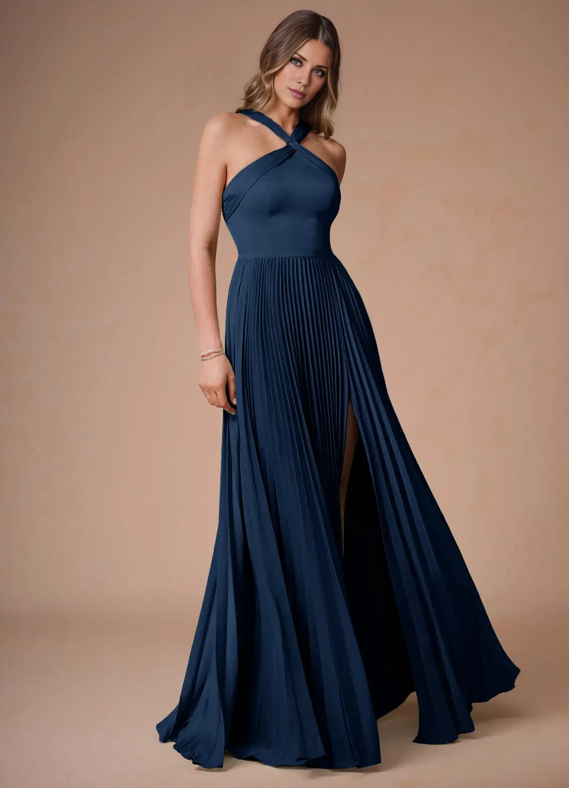 A-Line Pleated Satin Split Fork Dress Evening Dresses