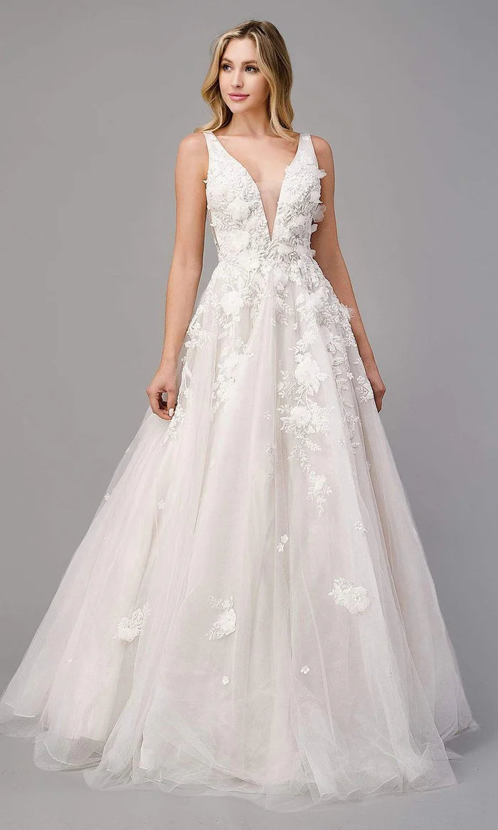 A-Line Plunge V Neck Floral  Sleeveless Wedding Dress