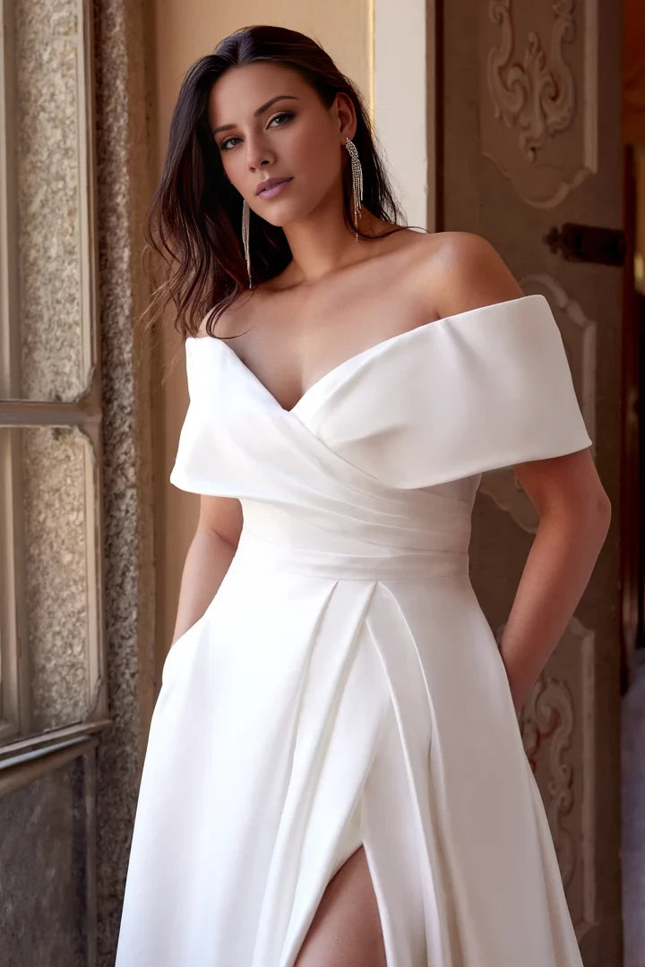 A-Line Plus Size Wedding Dress with Off The Shoulder Cuff and Skirt Slit Wedding Dresses