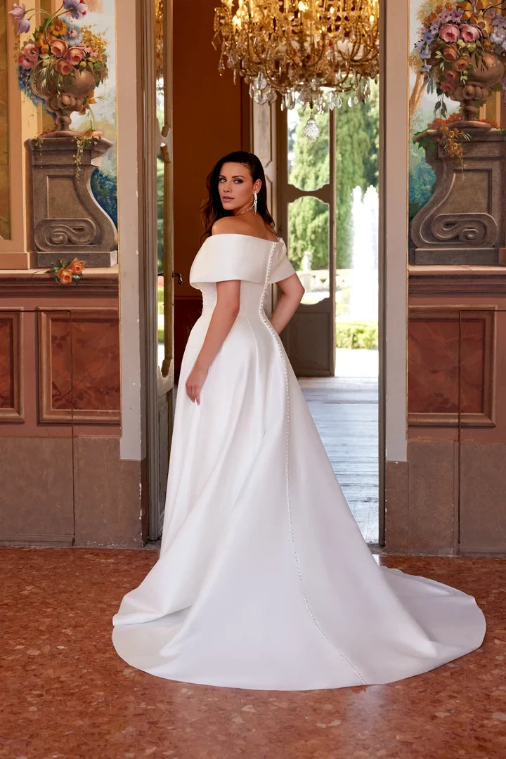 A-Line Plus Size Wedding Dress with Off The Shoulder Cuff and Skirt Slit Wedding Dresses
