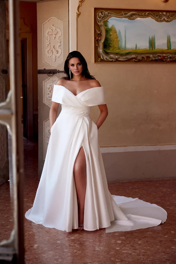 A-Line Plus Size Wedding Dress with Off The Shoulder Cuff and Skirt Slit Wedding Dresses