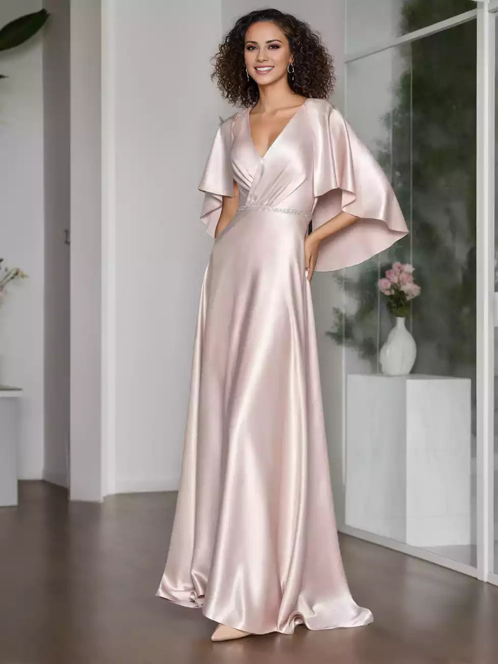 A-Line Princess Elegant V-Neck Short Cape Sleeves Floor-Length with Ruffle Mother of the Bride Dresses