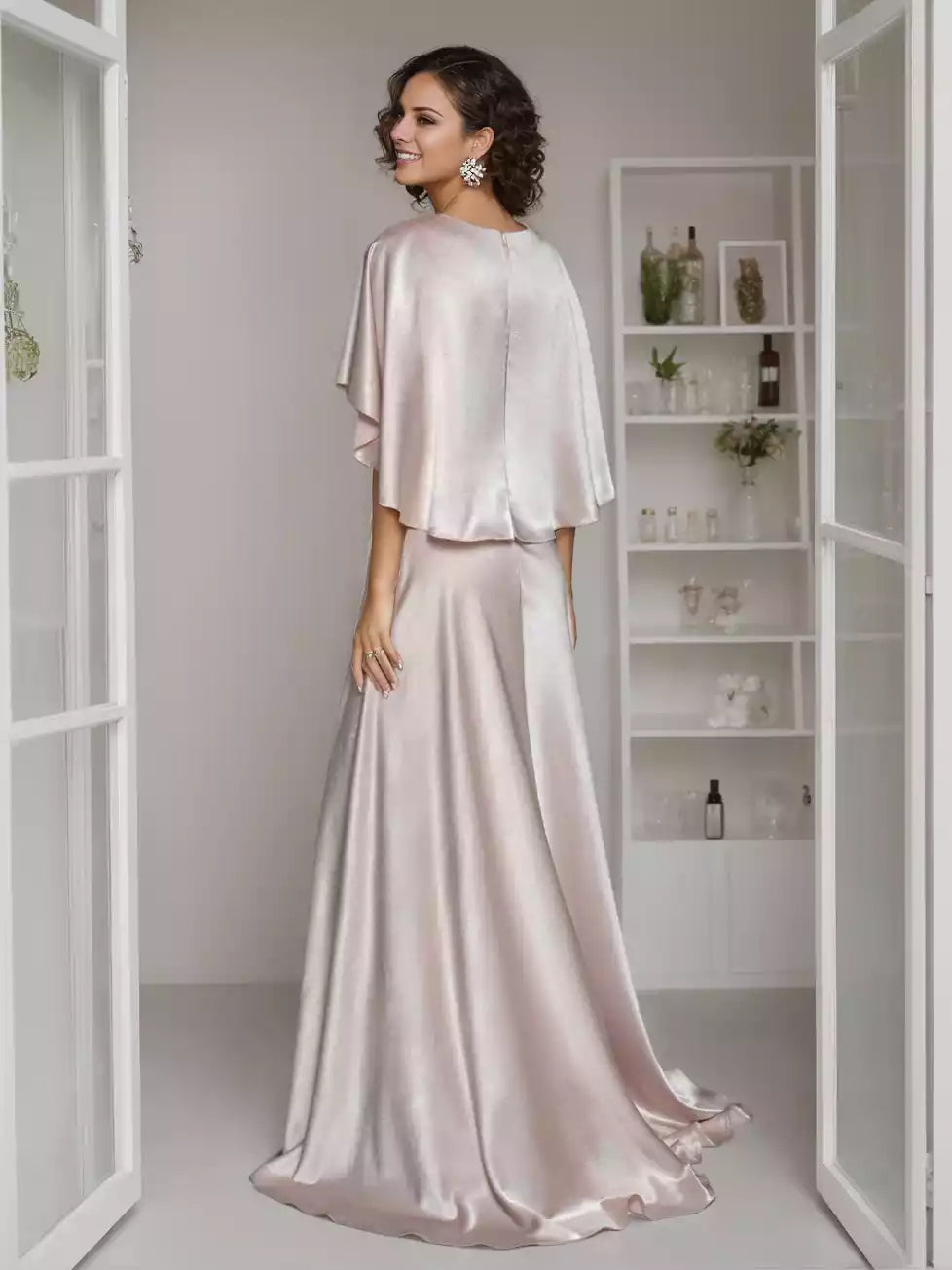 A-Line Princess Elegant V-Neck Short Cape Sleeves Floor-Length with Ruffle Mother of the Bride Dresses