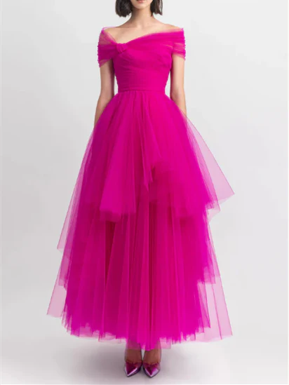 A-Line/Princess Off-the-Shoulder Ankle-Length Back Zip Evening Dress