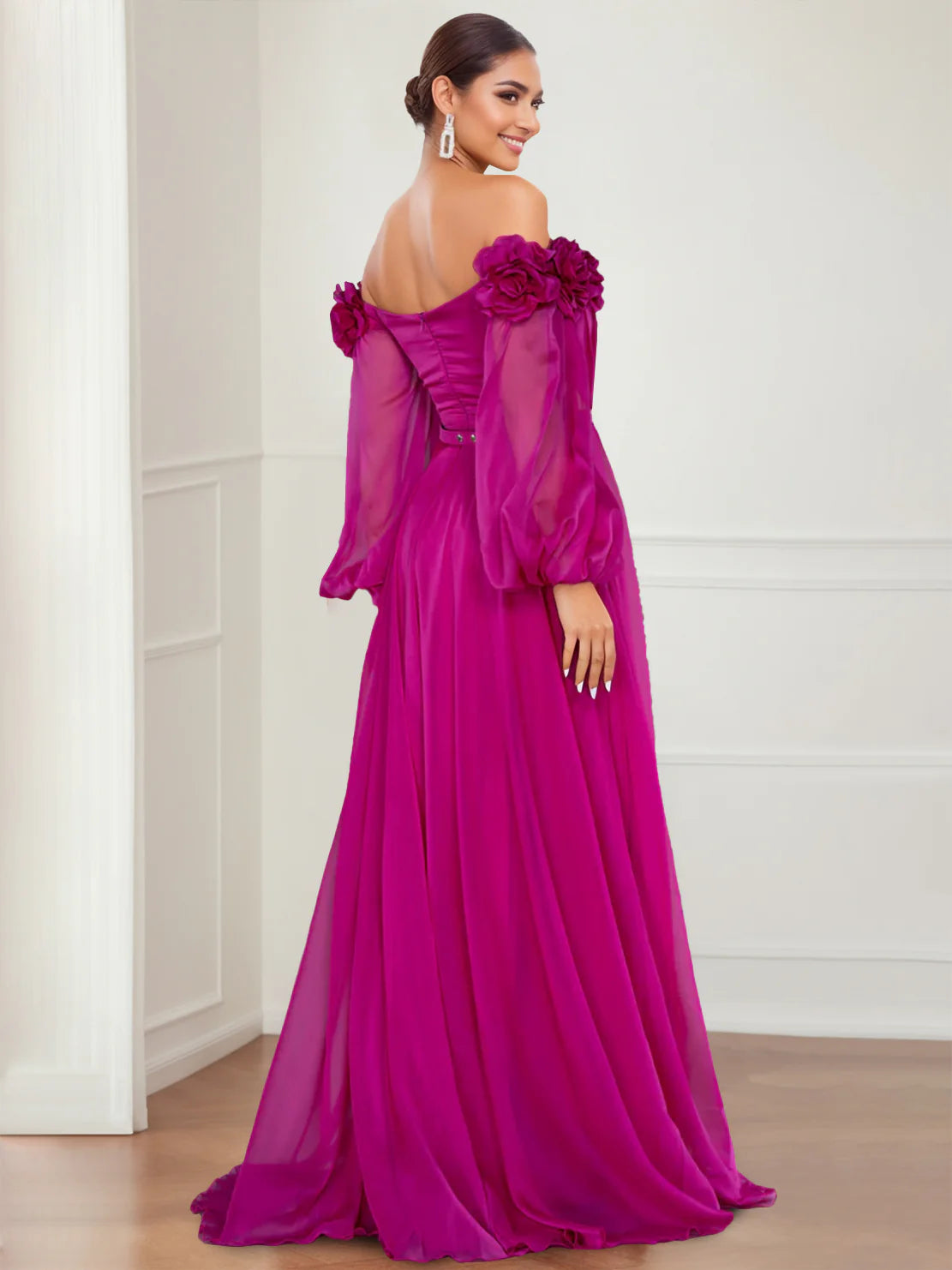 A-Line/Princess Off-the-shoulder Long Sleeves Prom Dress with Split Side and Flower
