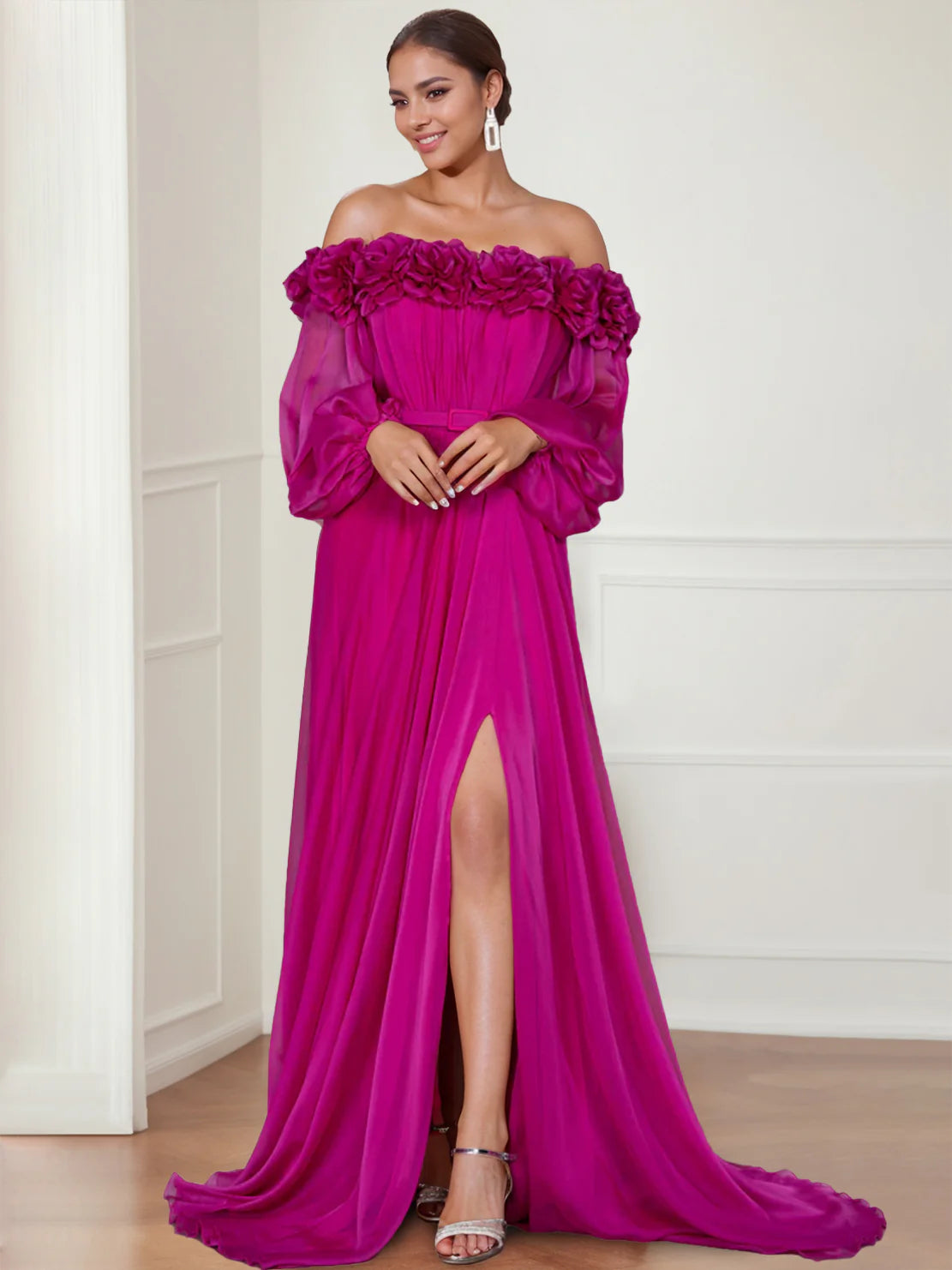 A-Line/Princess Off-the-shoulder Long Sleeves Prom Dress with Split Side and Flower