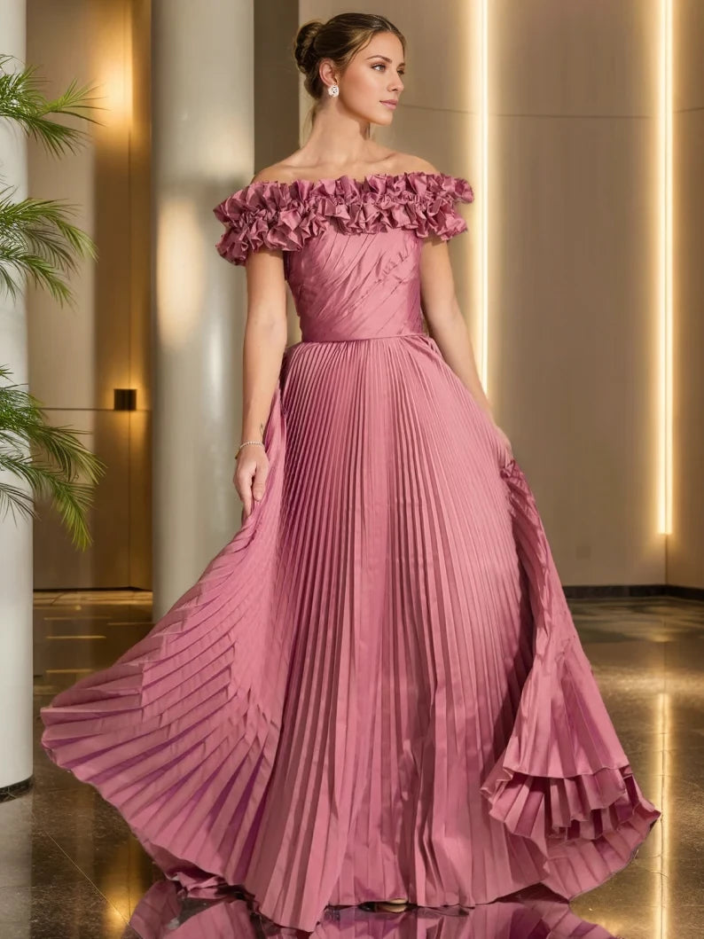 A-Line/Princess Off-the-shoulder Ruched Back Zip Floor-Length Pleated Evening Dresses