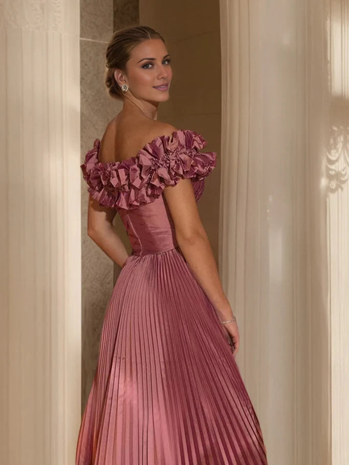 A-Line/Princess Off-the-shoulder Ruched Back Zip Floor-Length Pleated Evening Dresses