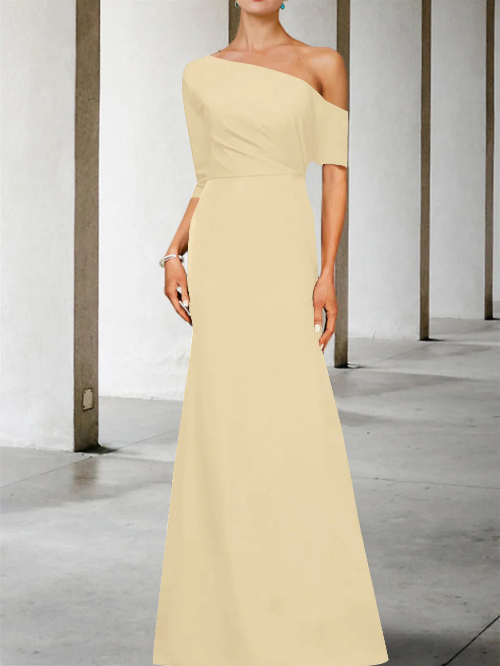 A-Line/Princess One-Shoulder 3/4 Length Sleeves Floor-Length Mother of the Bride Dresses