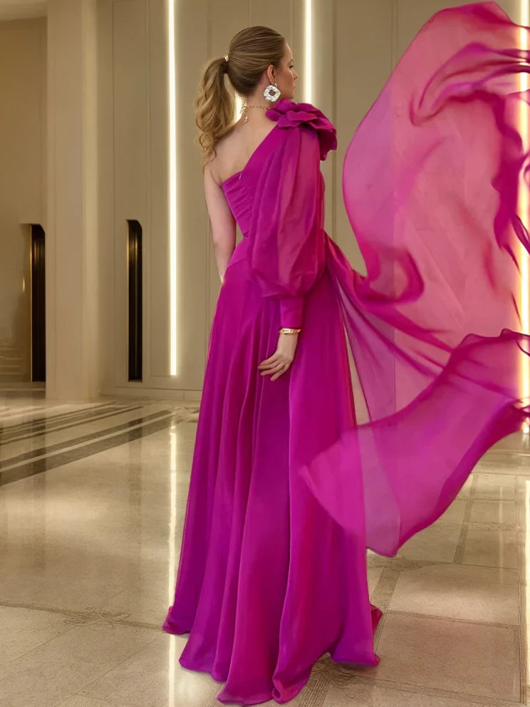 A-Line/Princess One-shoulder Floor Length Ruched Side Slit Evening Dresses with Flower