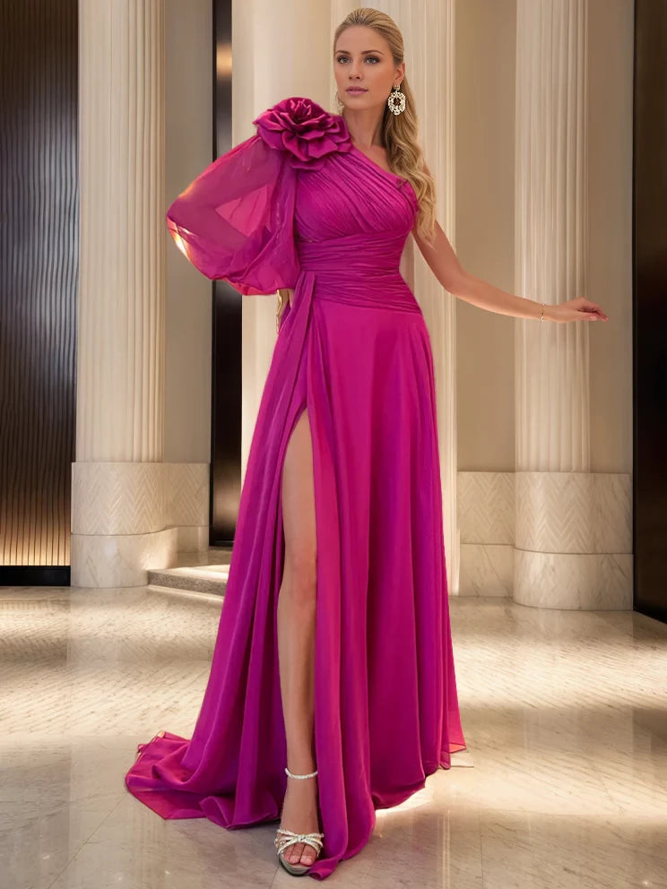 A-Line/Princess One-shoulder Floor Length Ruched Side Slit Evening Dresses with Flower