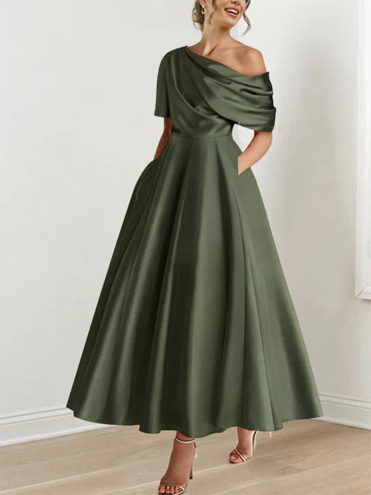 A-Line/Princess One shoulder Half Sleeve Ankle-Length Mother of the Bride Dresses with Ruffles
