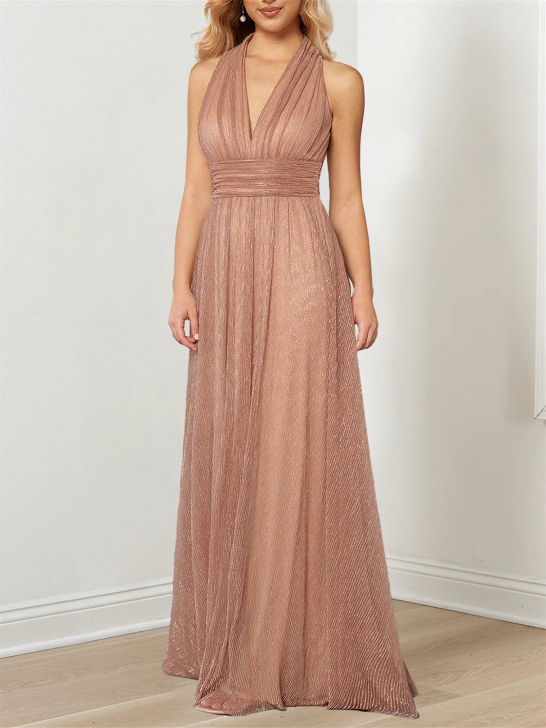 A-Line/Princess Plunging V Metallic Halter Back Zip  Floor-Length Evening Dress