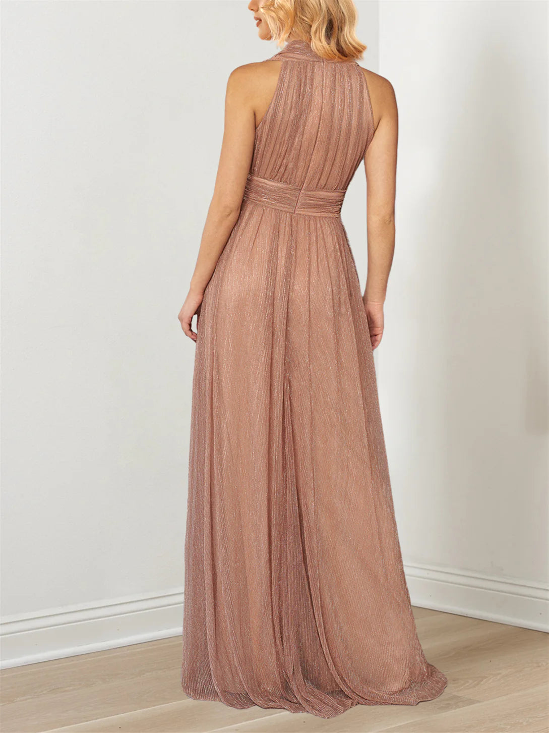 A-Line/Princess Plunging V Metallic Halter Back Zip  Floor-Length Evening Dress