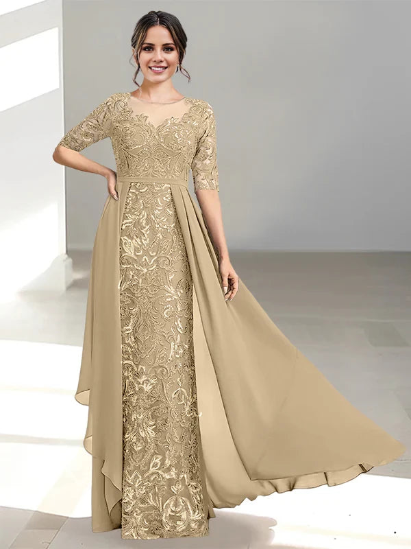 A-Line/Princess Scoop 1/2 Sleeve Back Zip Floor-Length Mother of the Bride Dresses