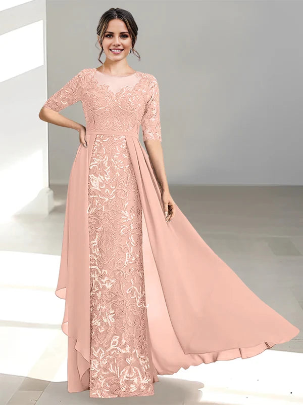 A-Line/Princess Scoop 1/2 Sleeve Back Zip Floor-Length Mother of the Bride Dresses
