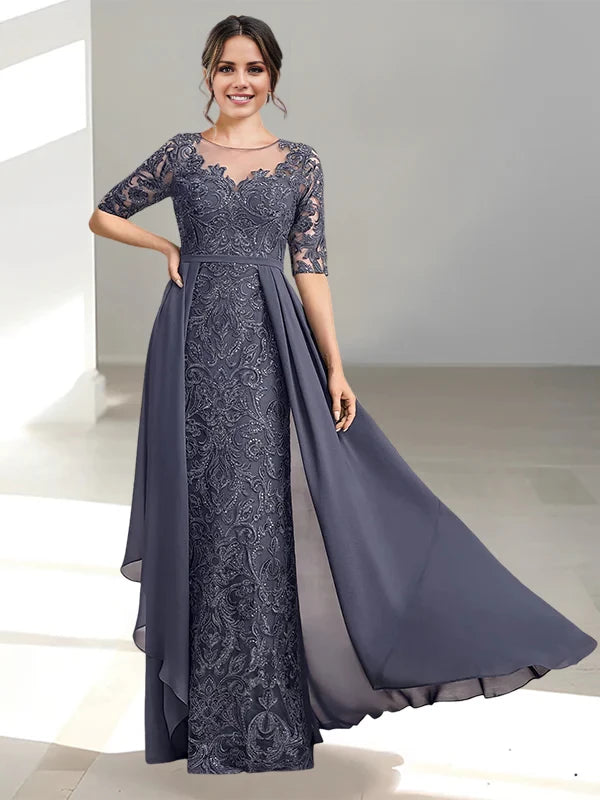 A-Line/Princess Scoop 1/2 Sleeve Back Zip Floor-Length Mother of the Bride Dresses