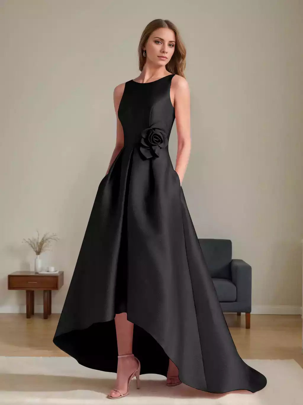 A-Line Princess Scoop Sleeveless Asymmetrical with Flowers Mother of the Bride Dresses