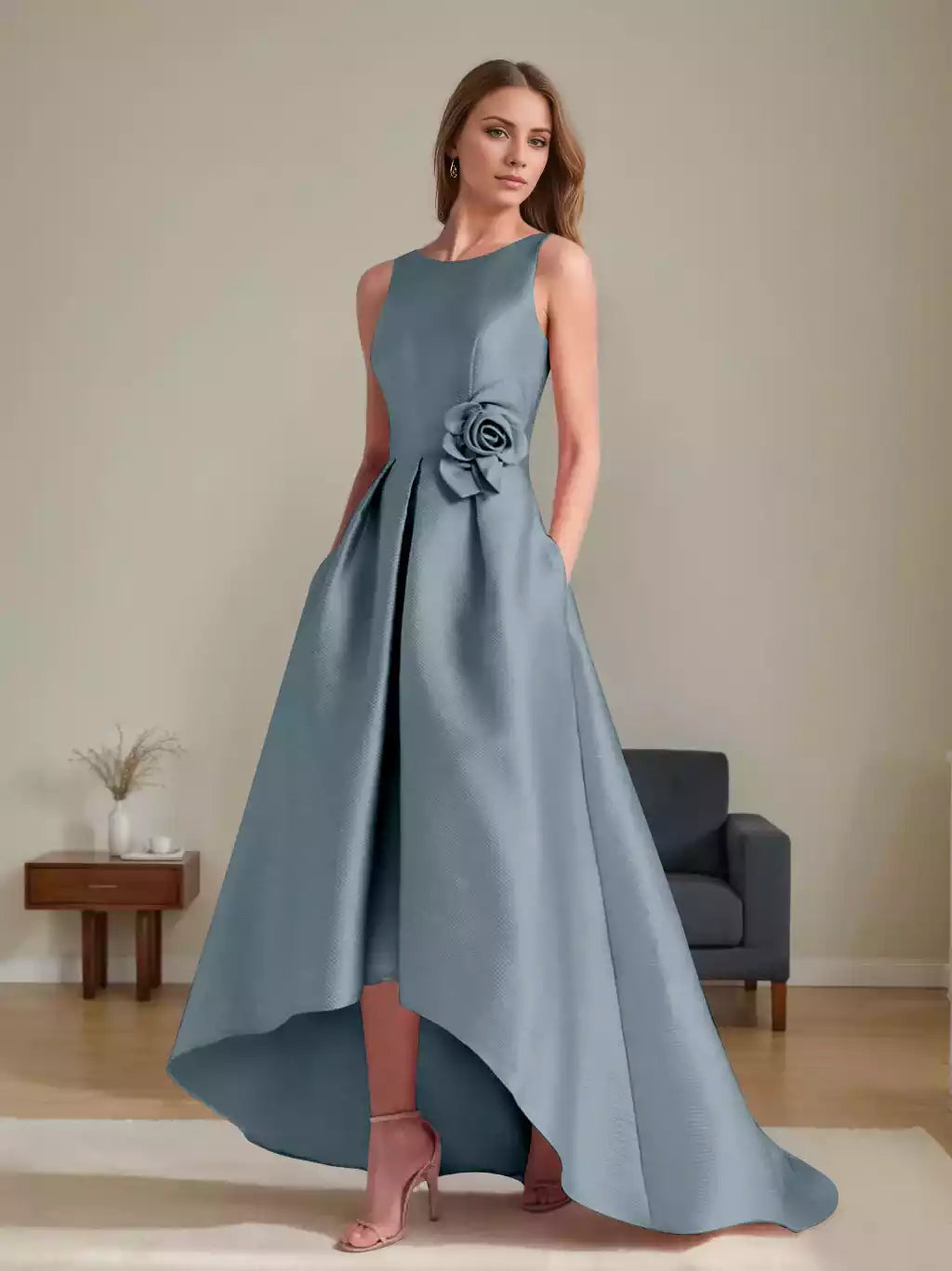 A-Line Princess Scoop Sleeveless Asymmetrical with Flowers Mother of the Bride Dresses