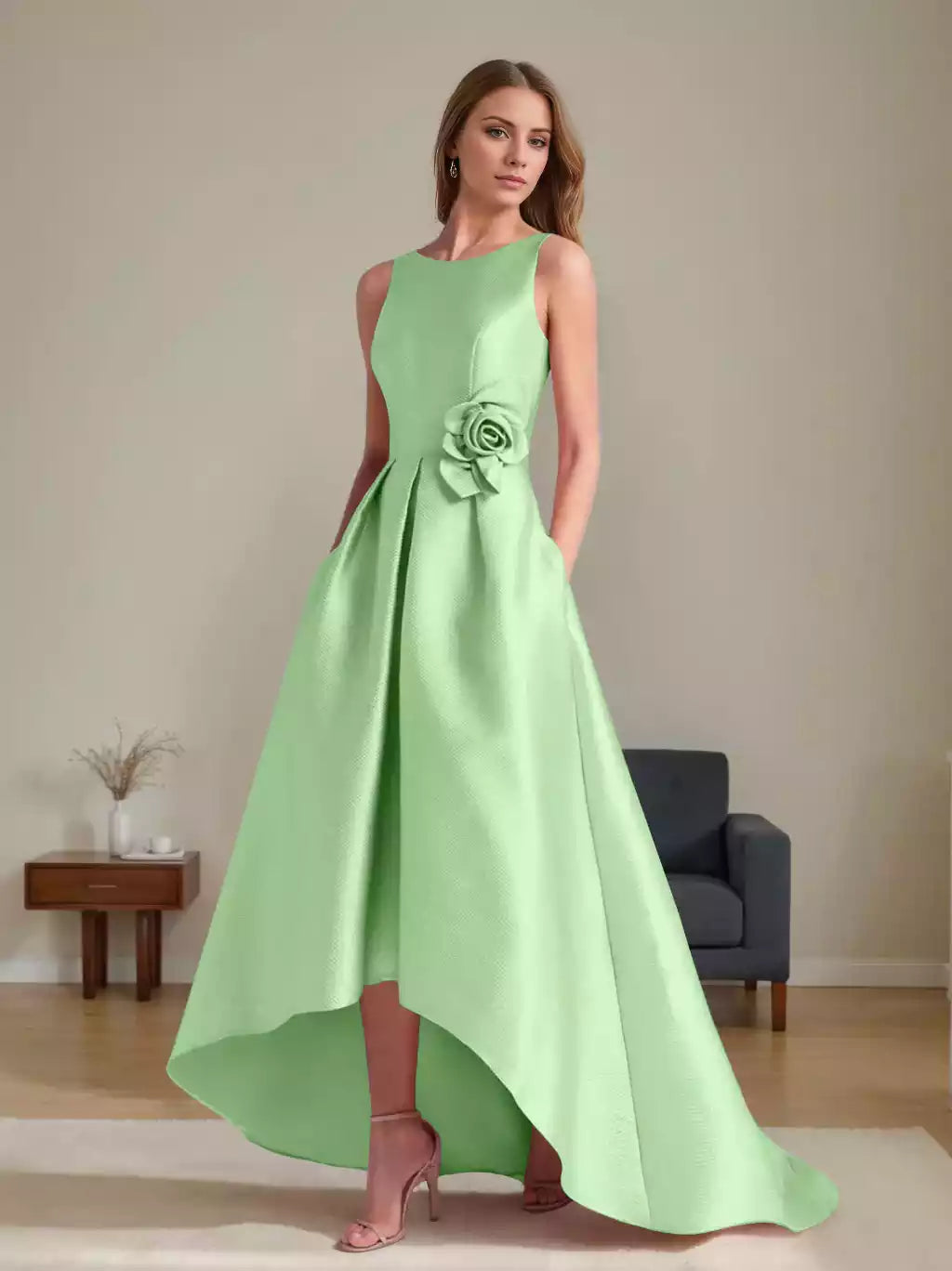 A-Line Princess Scoop Sleeveless Asymmetrical with Flowers Mother of the Bride Dresses