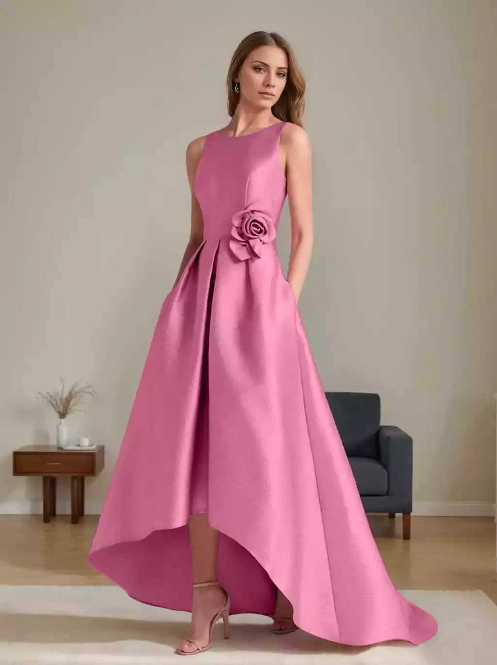 A-Line Princess Scoop Sleeveless Asymmetrical with Flowers Mother of the Bride Dresses