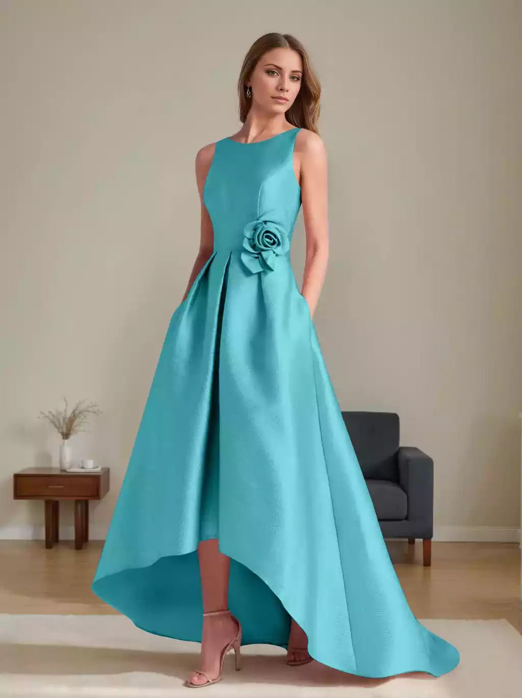 A-Line Princess Scoop Sleeveless Asymmetrical with Flowers Mother of the Bride Dresses