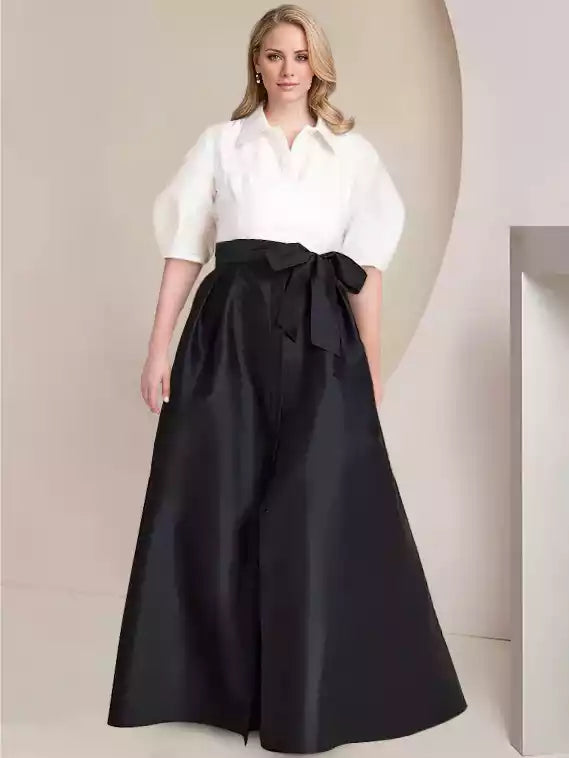 A-Line Princess Shirt Collar Short Sleeves Floor-Length with Bowknot Mother of the Bride Dresses