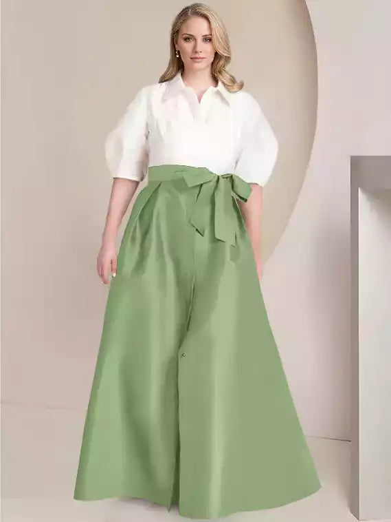A-Line Princess Shirt Collar Short Sleeves Floor-Length with Bowknot Mother of the Bride Dresses