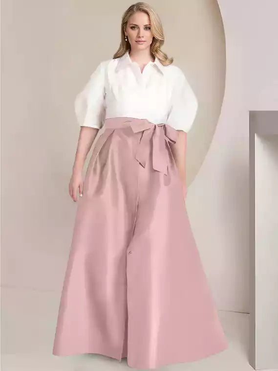 A-Line Princess Shirt Collar Short Sleeves Floor-Length with Bowknot Mother of the Bride Dresses