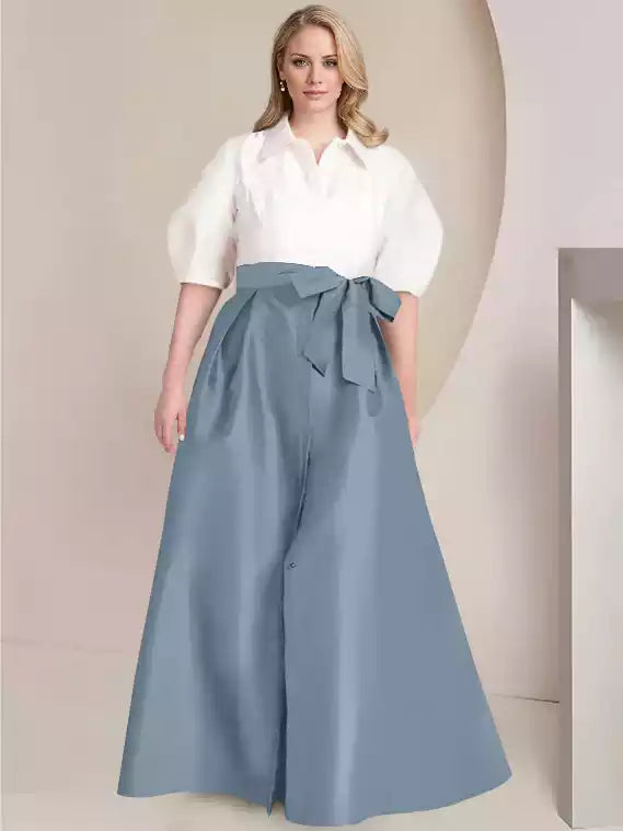 A-Line Princess Shirt Collar Short Sleeves Floor-Length with Bowknot Mother of the Bride Dresses