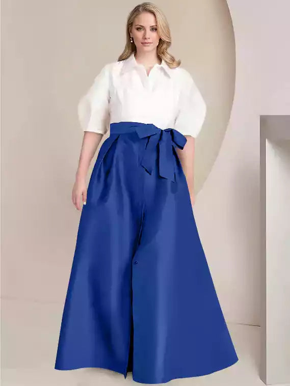 A-Line Princess Shirt Collar Short Sleeves Floor-Length with Bowknot Mother of the Bride Dresses