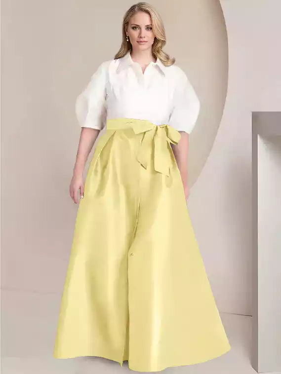 A-Line Princess Shirt Collar Short Sleeves Floor-Length with Bowknot Mother of the Bride Dresses