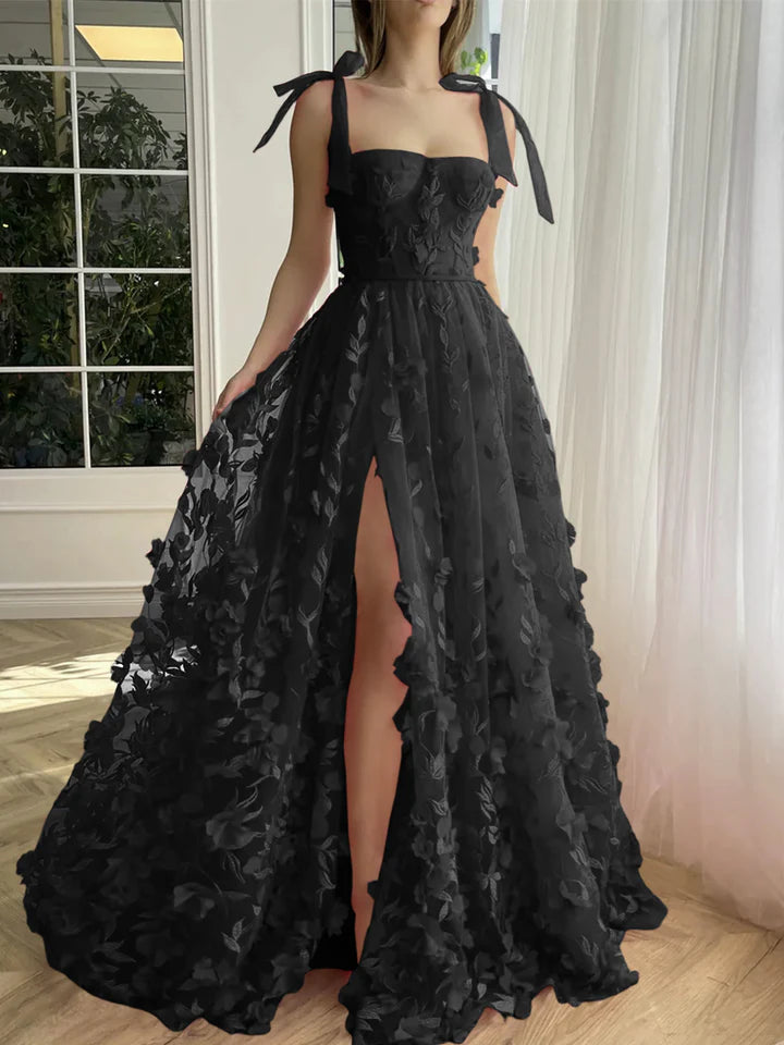 A-Line/Princess Spaghetti Straps Floor-Length Prom Floral Dresses With Split Side
