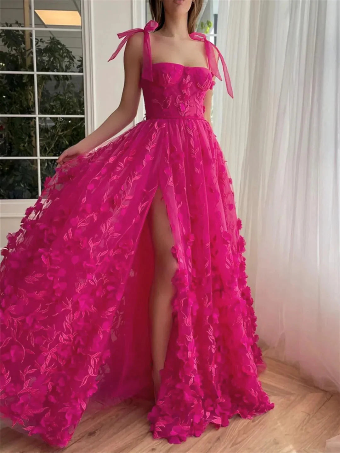 A-Line/Princess Spaghetti Straps Floor-Length Prom Floral Dresses With Split Side