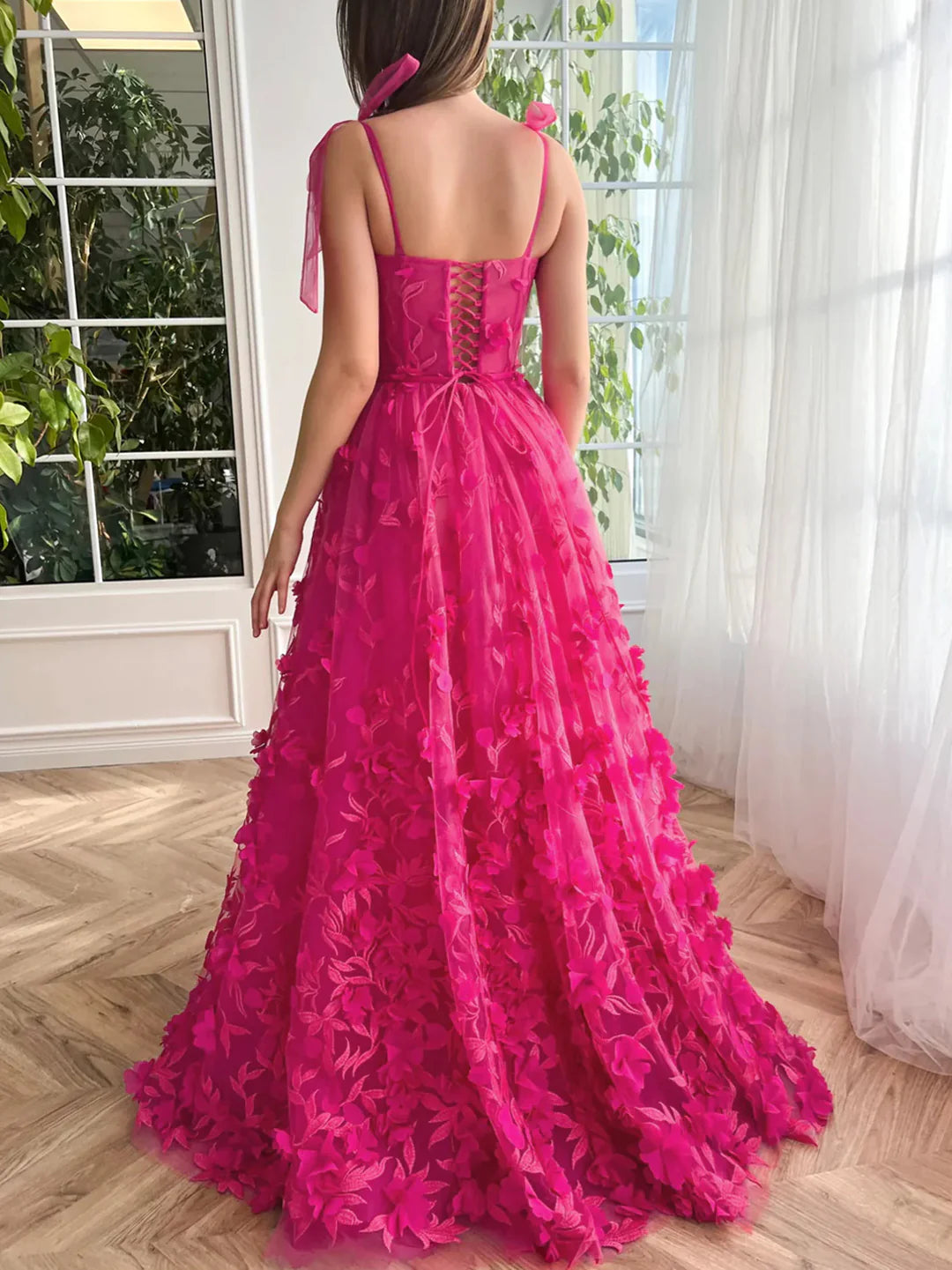 A-Line/Princess Spaghetti Straps Floor-Length Prom Floral Dresses With Split Side