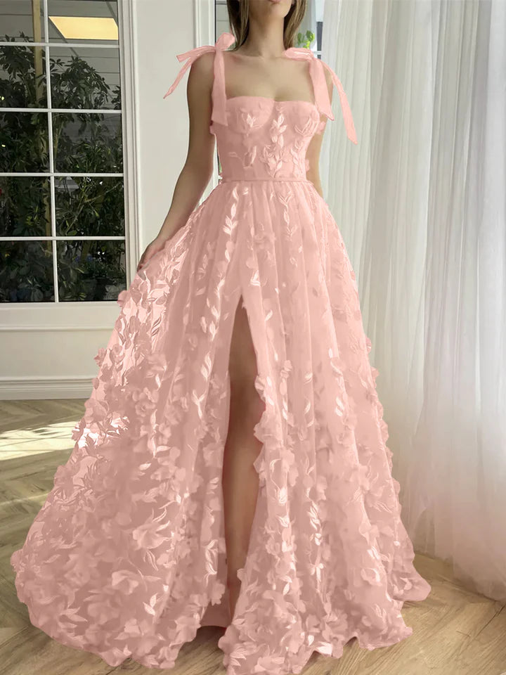 A-Line/Princess Spaghetti Straps Floor-Length Prom Floral Dresses With Split Side