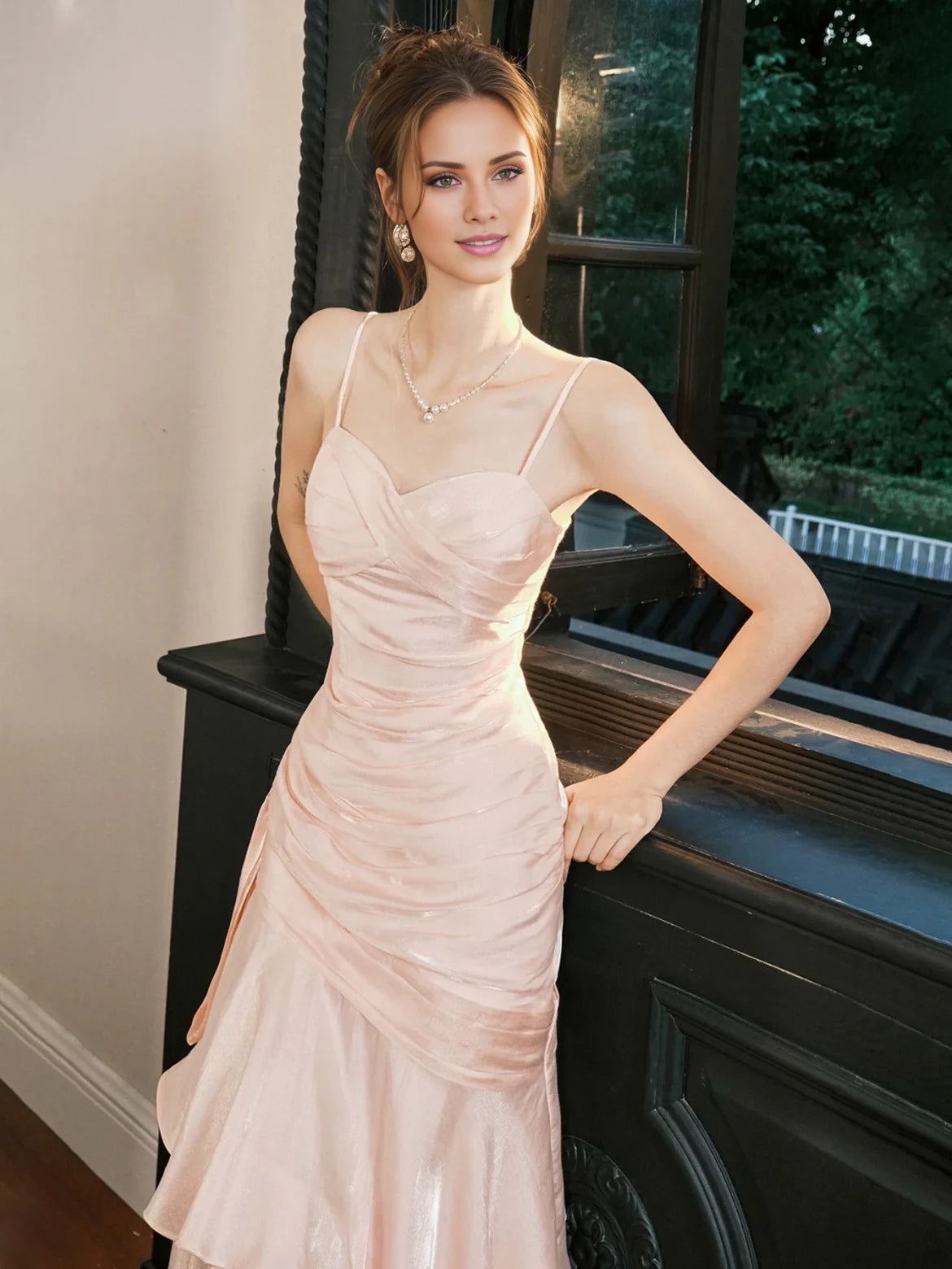 A-Line/Princess Spaghetti Straps Sleeveless Ankle-Length Prom Dresses with Ruffles